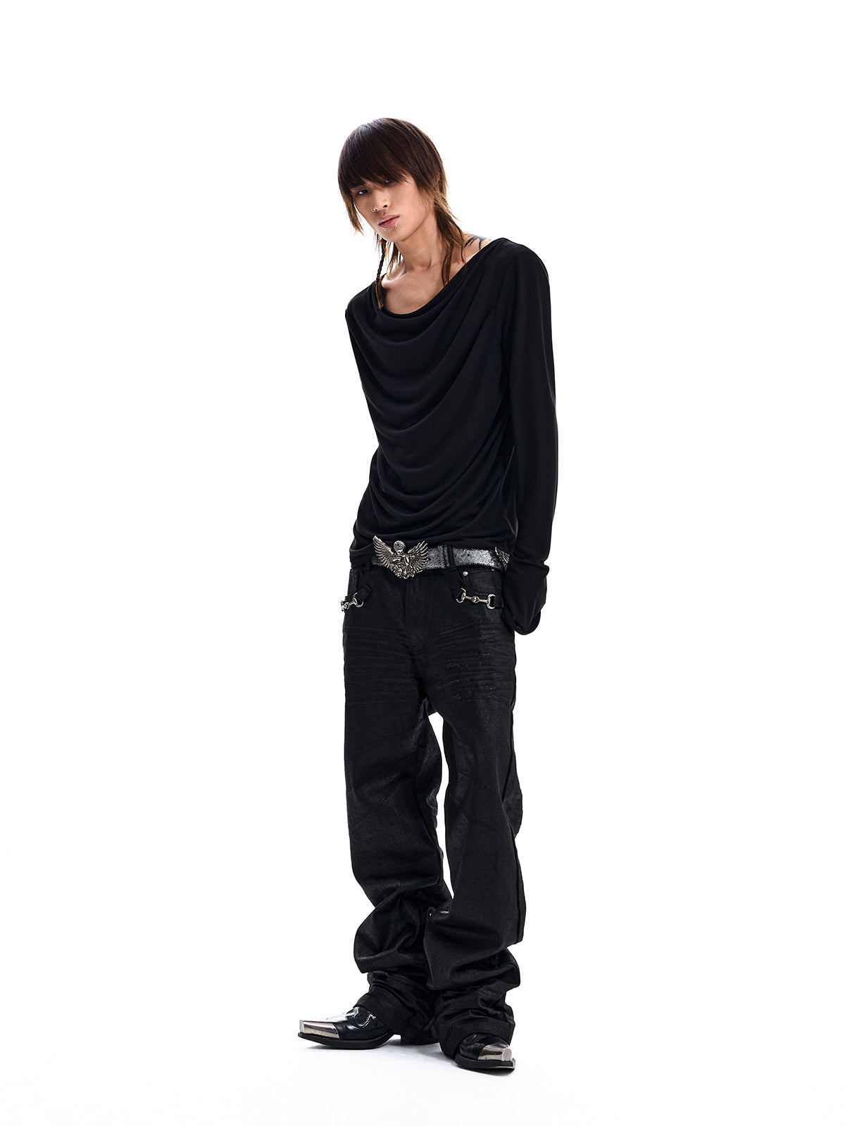 DRAPED NECK LONG SLEEVE TEE