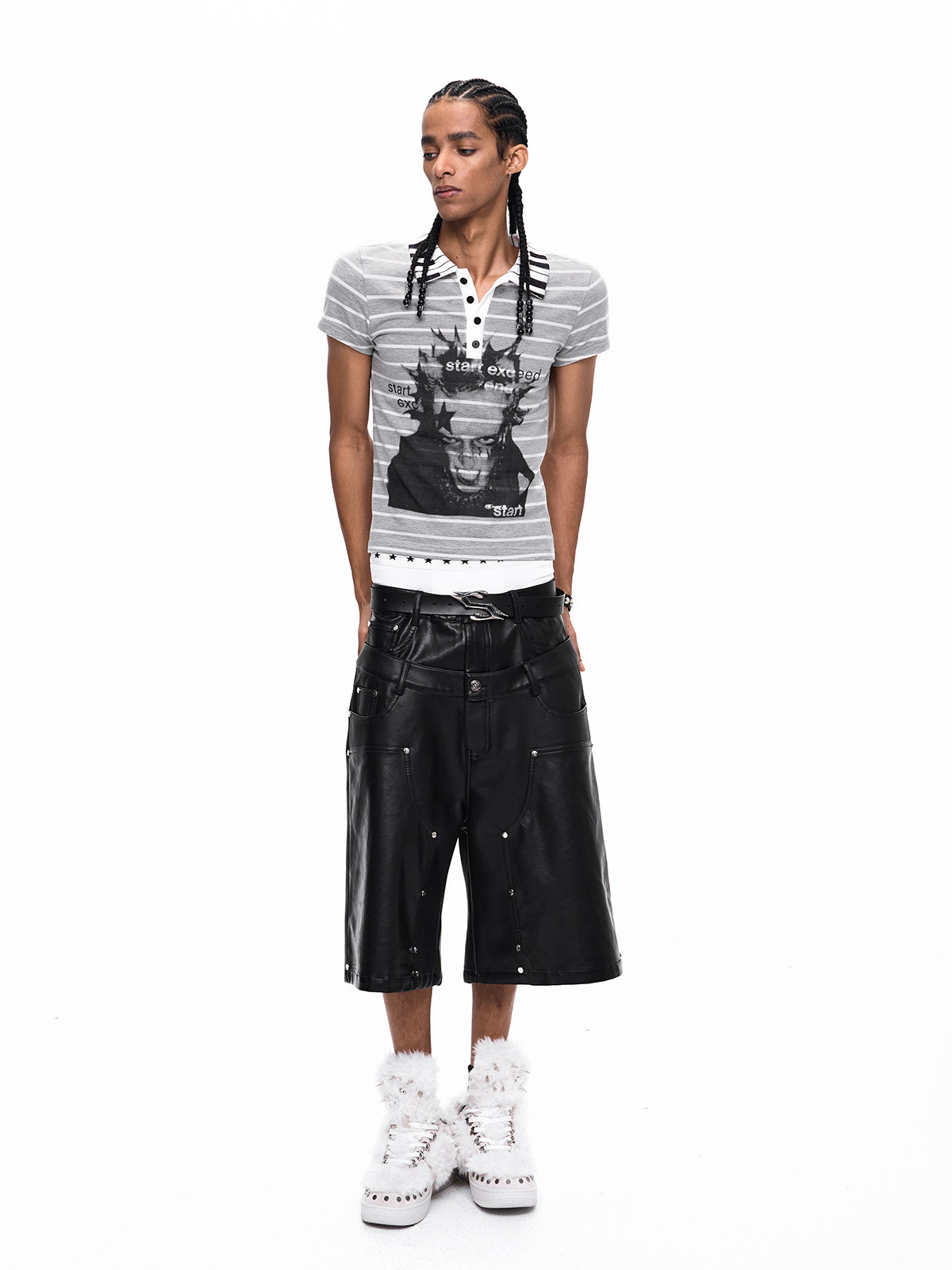 DOUBLE WAIST STUDDED CROSS PU LEATHER JORTS