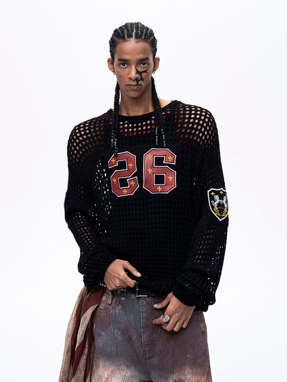 OPEN-KNIT EMBROIDERED BADGE SWEATER-BLACK