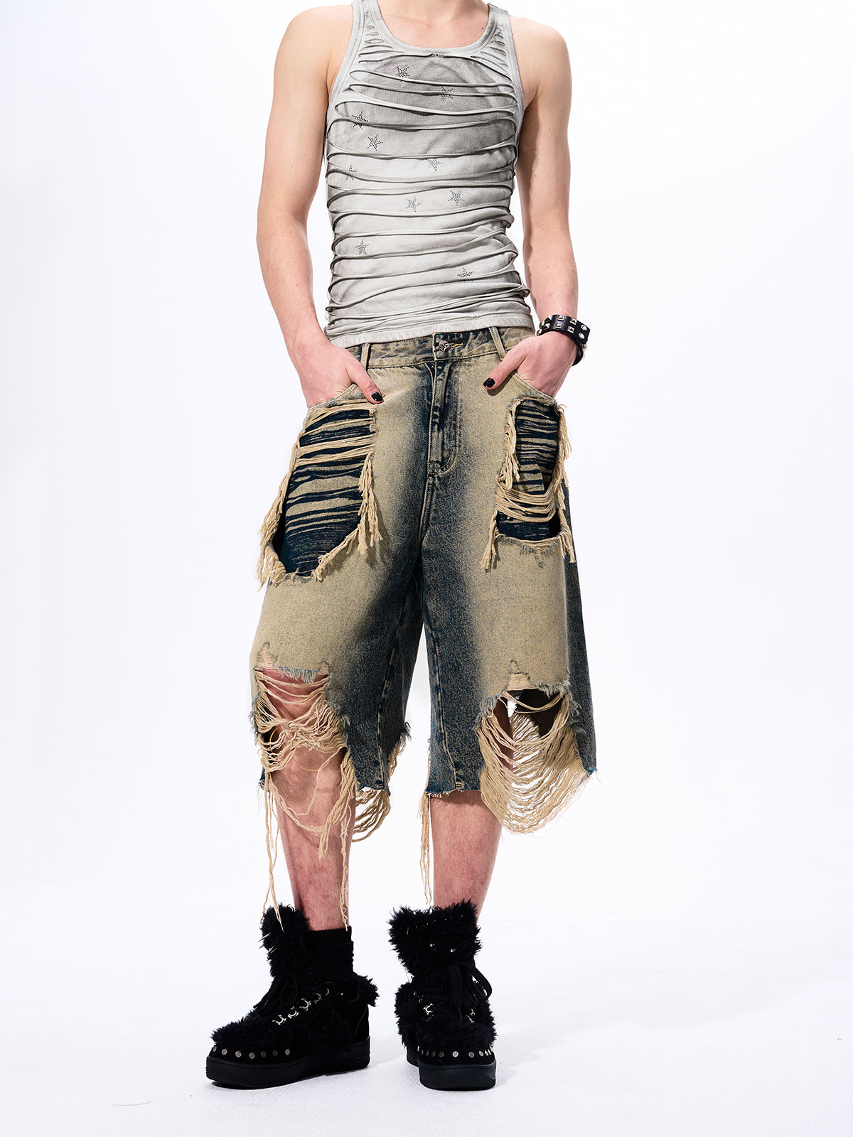 DISTRESSED LAYERED DENIM SHORTS