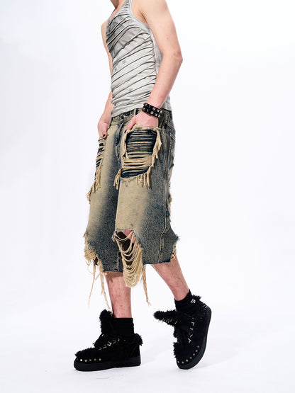 DISTRESSED LAYERED DENIM SHORTS