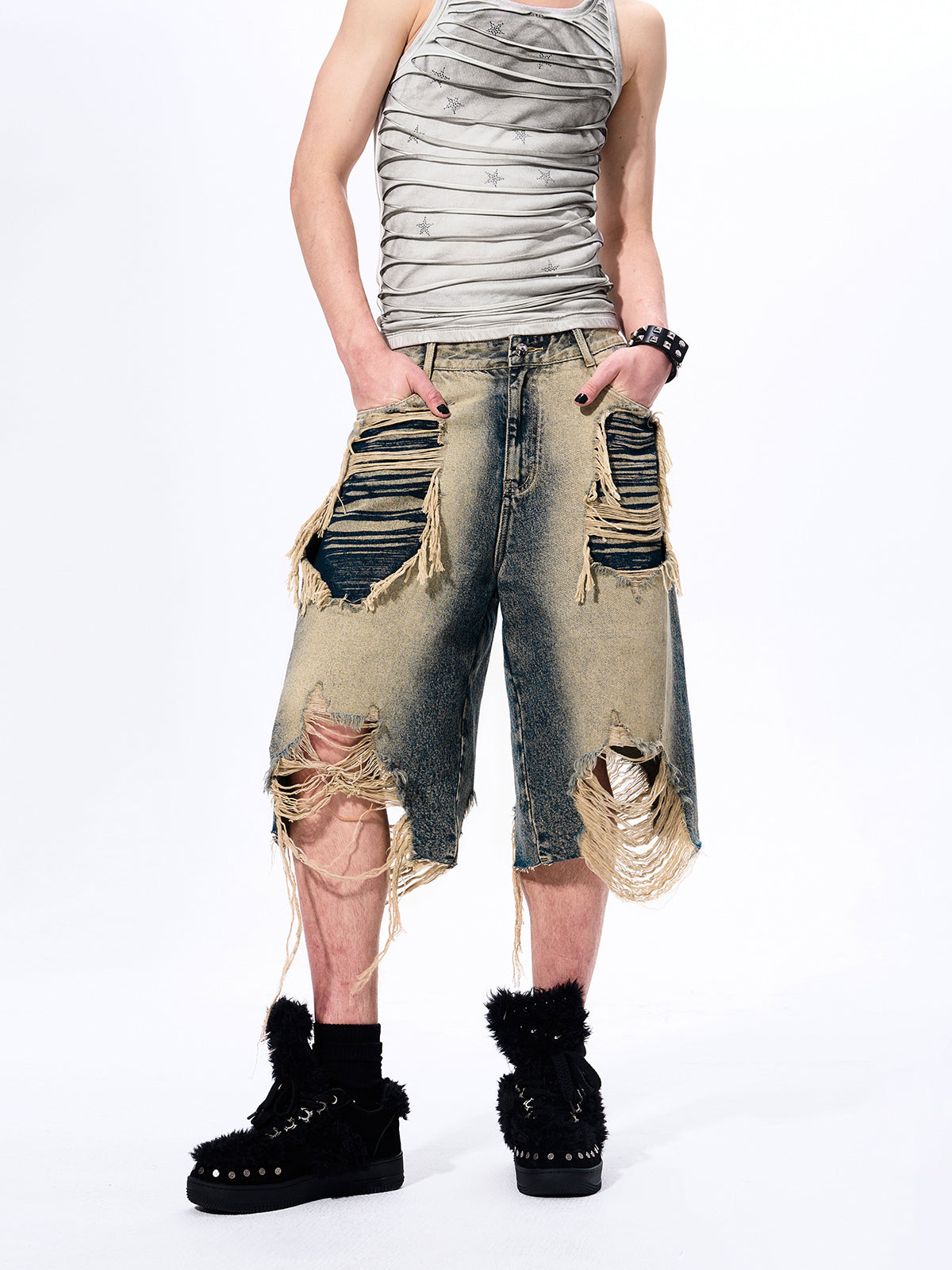DISTRESSED LAYERED DENIM SHORTS