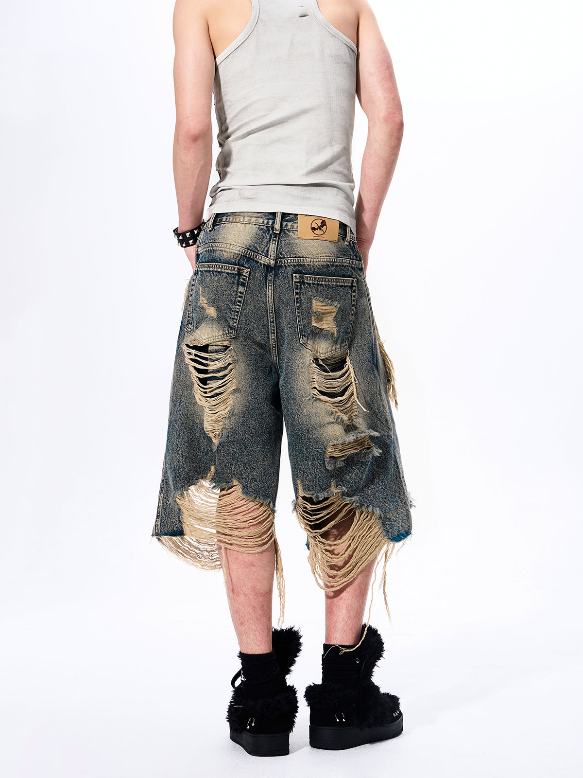 DISTRESSED LAYERED DENIM SHORTS