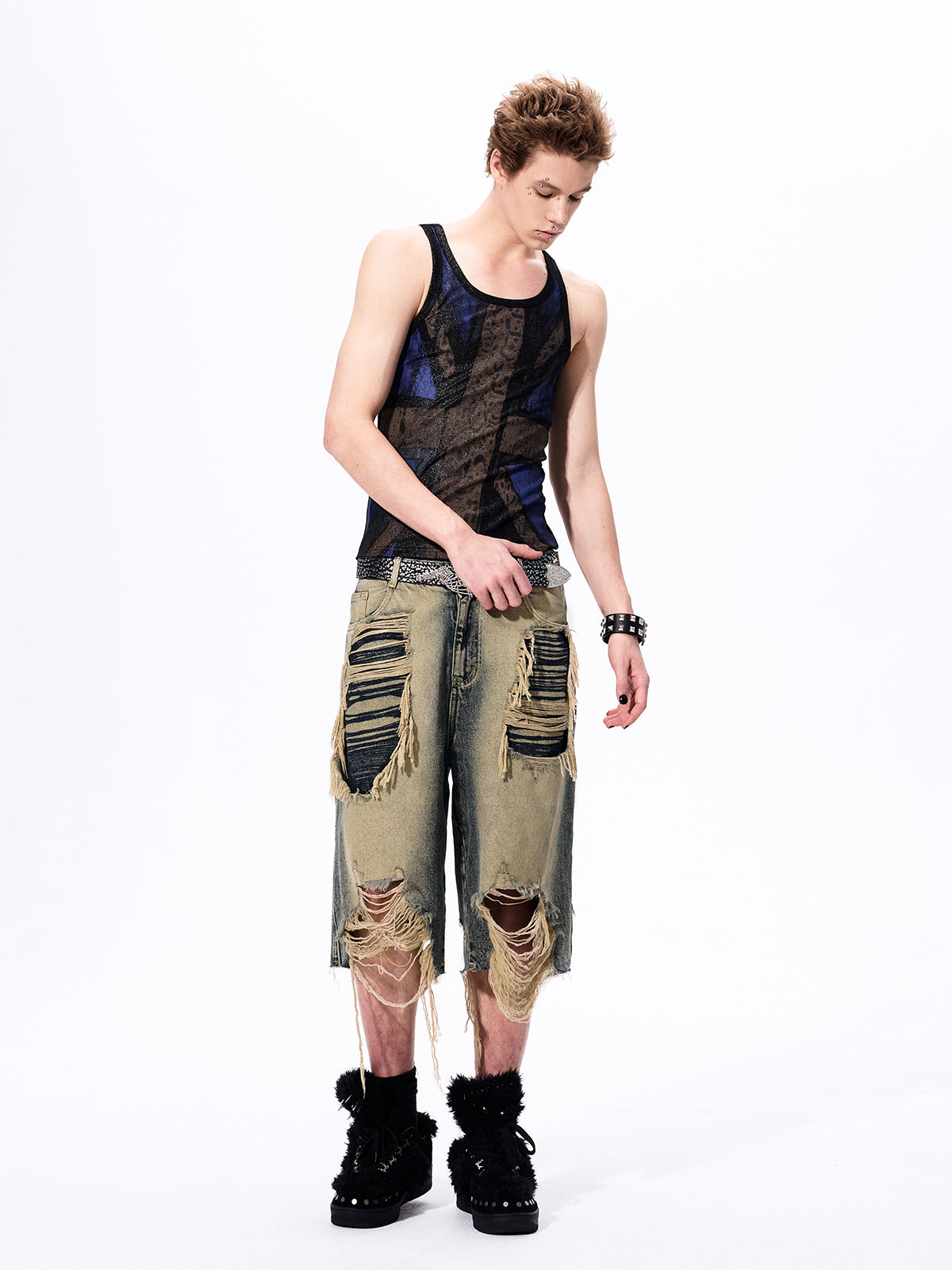 DISTRESSED LAYERED DENIM SHORTS