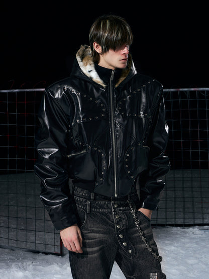 STUDDED FAUX LEATHER WITH FUR-LINED HOOD
