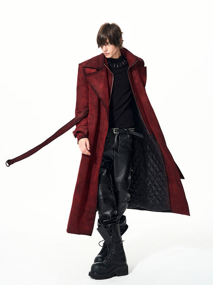 RED DISTRESSED SUEDE BELTED TRENCH COAT
