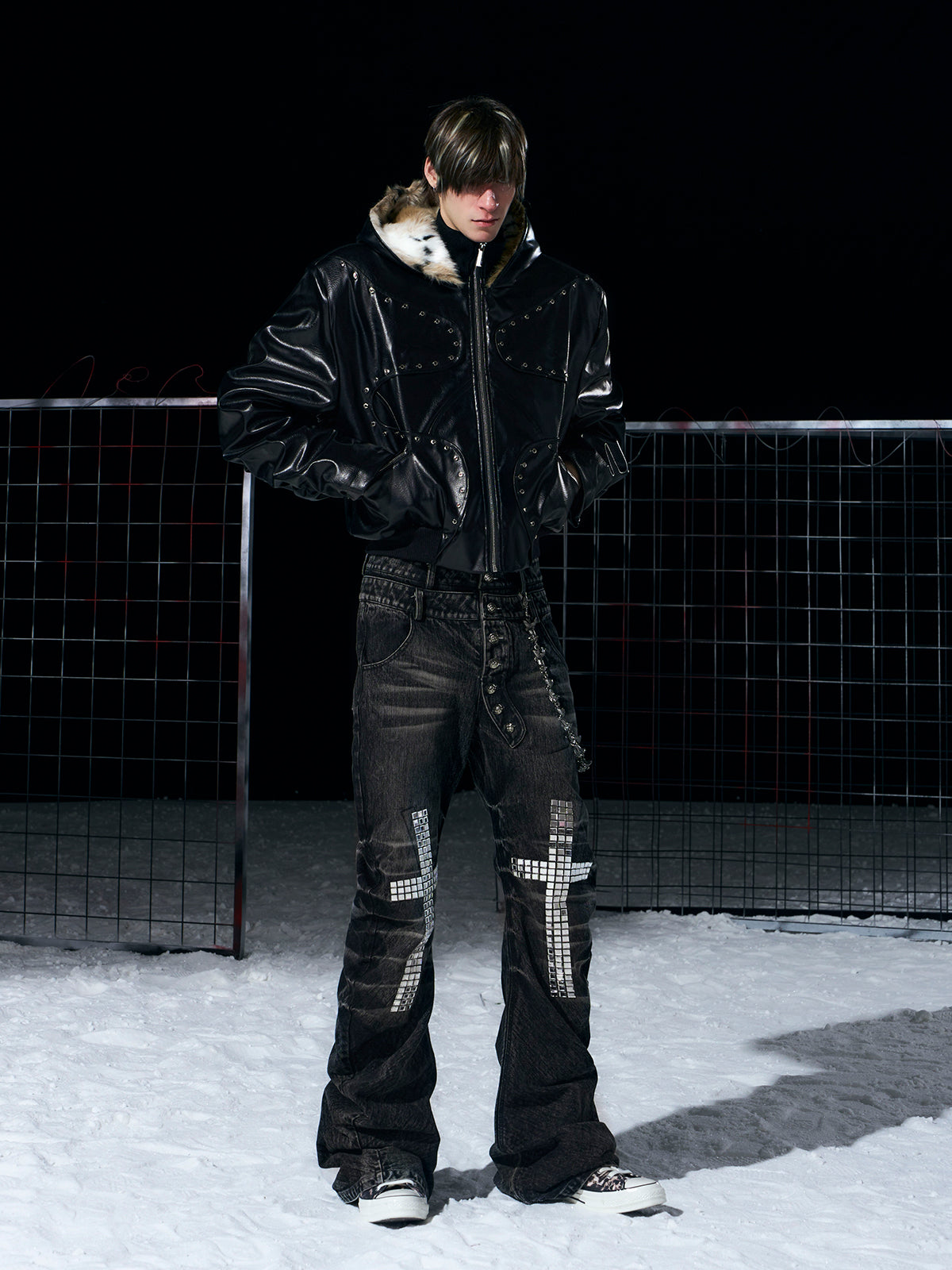 STUDDED FAUX LEATHER WITH FUR-LINED HOOD