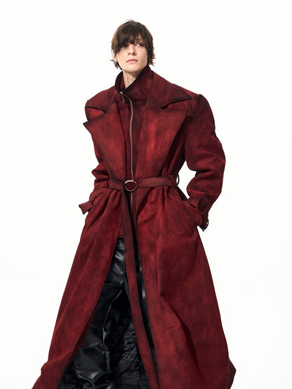 RED DISTRESSED SUEDE BELTED TRENCH COAT