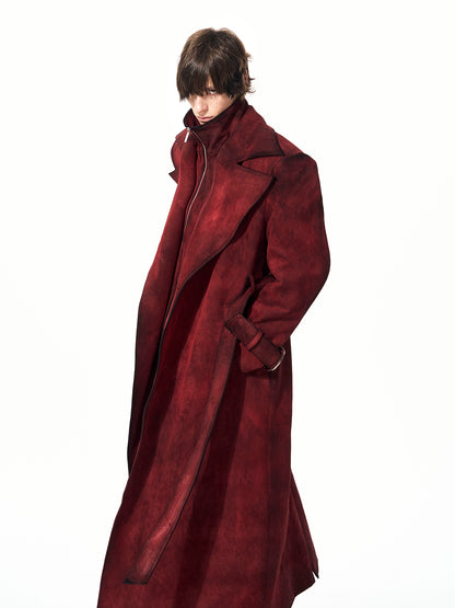 RED DISTRESSED SUEDE BELTED TRENCH COAT